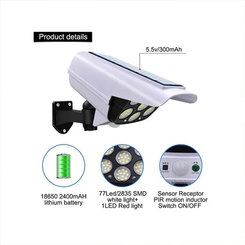 1-2Pack 77LED Solar Motion Sensor LED Light Outdoor Dummy Camera Wireless Security Flood Light Waterproof Lamp For Home Garden