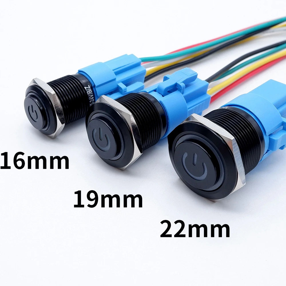 16mm 19mm 22mm Black On Off Metal Button Switch Car Power Start Stop Led Light Waterproof Reset Latching With Socket 5V 12V 220V