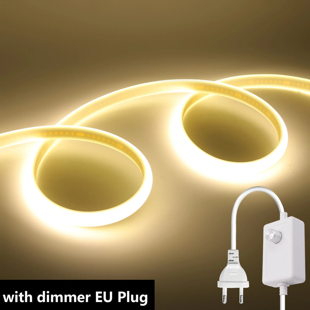 Dimmable 220V COB LED Light With Dimmer EU Power Kit Neon Strip 288Leds/M Waterproof Garden Room Home Bar Lighting Flexible Lamp