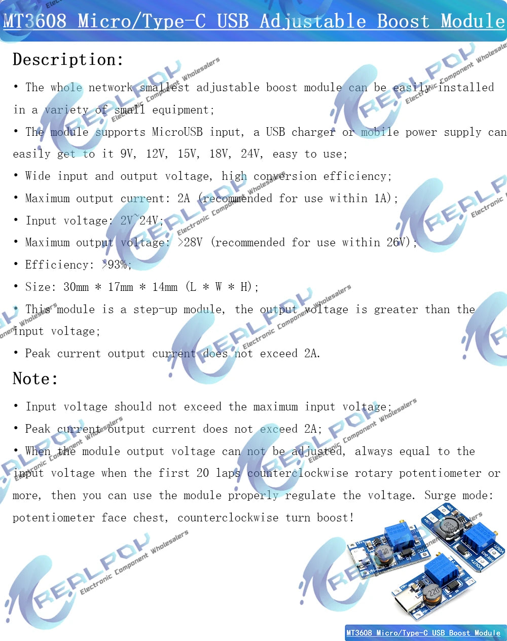 MT3608 DC-DC Adjustable Boost Module 2A Boost Plate Step Up Module Micro / Typr-C USB 2V-24V to 5V 9V 12V 28V SX1308