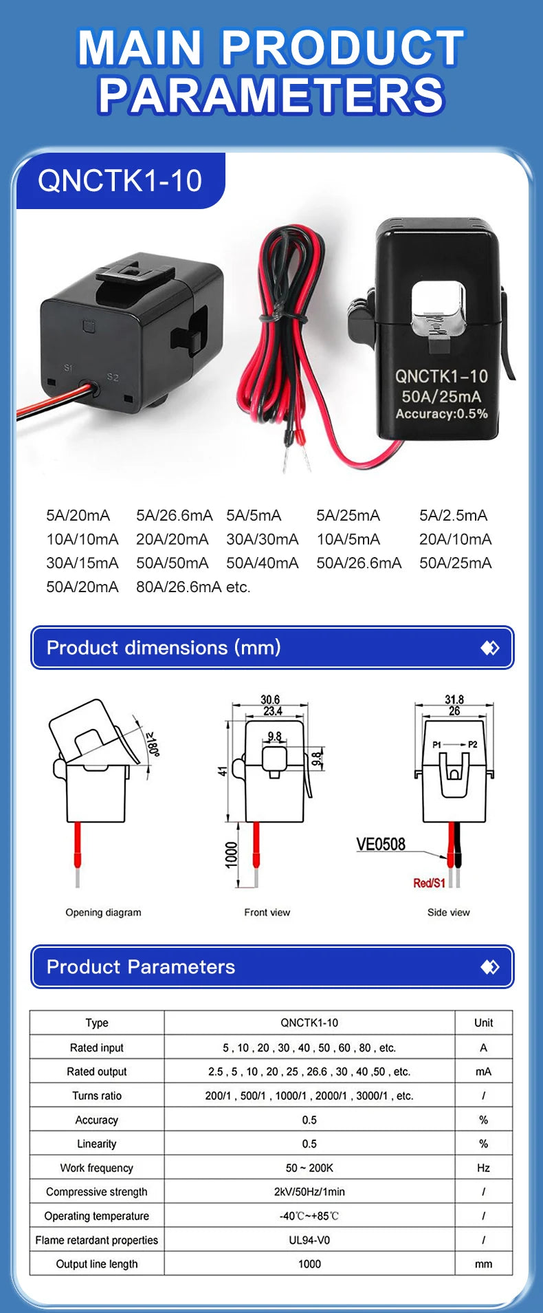 Clamp CT Current Transformer 100A 50mA 100A 40mA 50A 25mA 100A 33.3mA 50A 20mA 100A 100mA 2000 Split Current Transformer Sensor