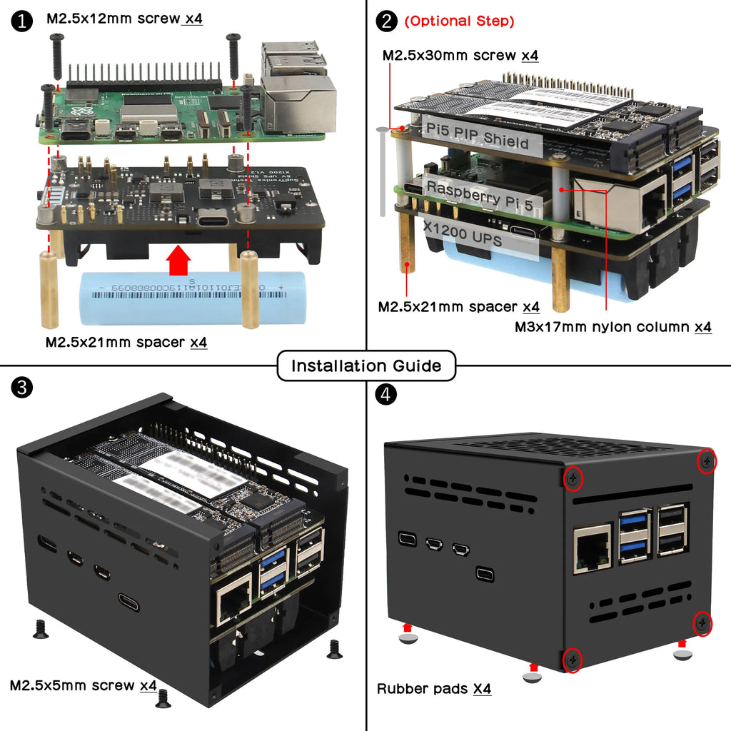 Geekbord X1200-C1 Metal Case for Raspberry Pi 5 & X1200 UPS HAT & X1001 / X1003 / X1004 PIP PCIe to NVMe Shield