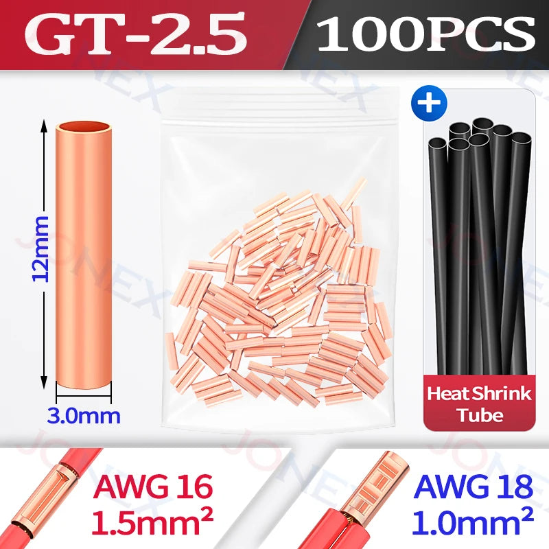 100PCS GT Copper Terminal Connectors Electrical Wire Cable Crimp Connecting Tubular Ferrules or for Lugs Have Heat Shrink Tubing