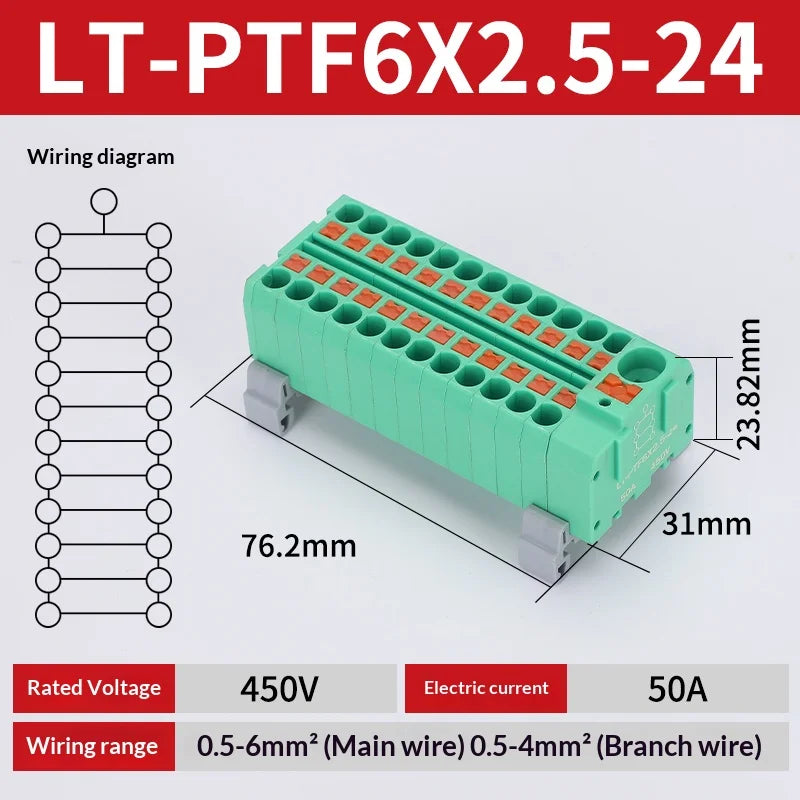 Push-in Terminal Block PTF6X2.5mm One in Multiple Out Splitter Spliceable Wire Connectors DIN Rail Junction Box Electrical Joint