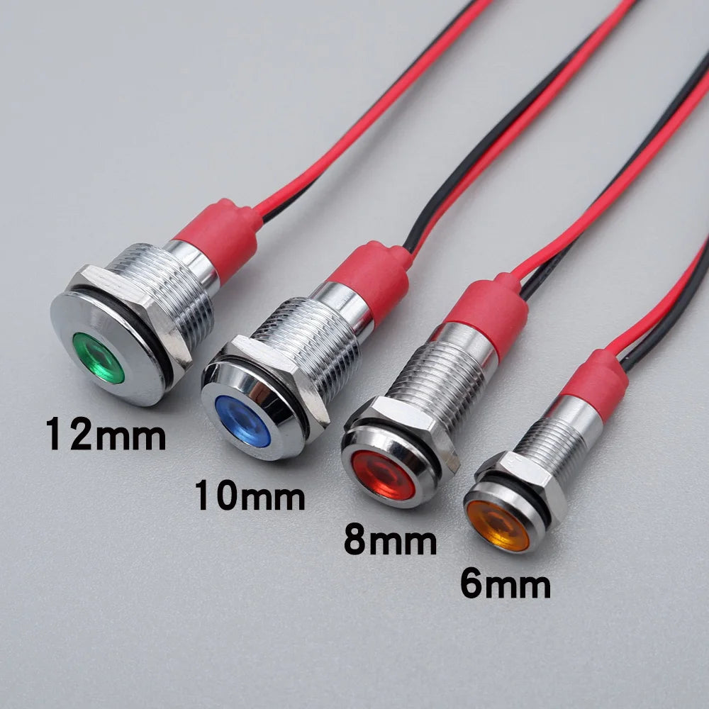 6mm 8mm 10mm 12mm LED Metal Indicator Light Signal Lamp with Wire 3V 5V 6V 12V 24V 110V 220V Red Blue Green Yellow White