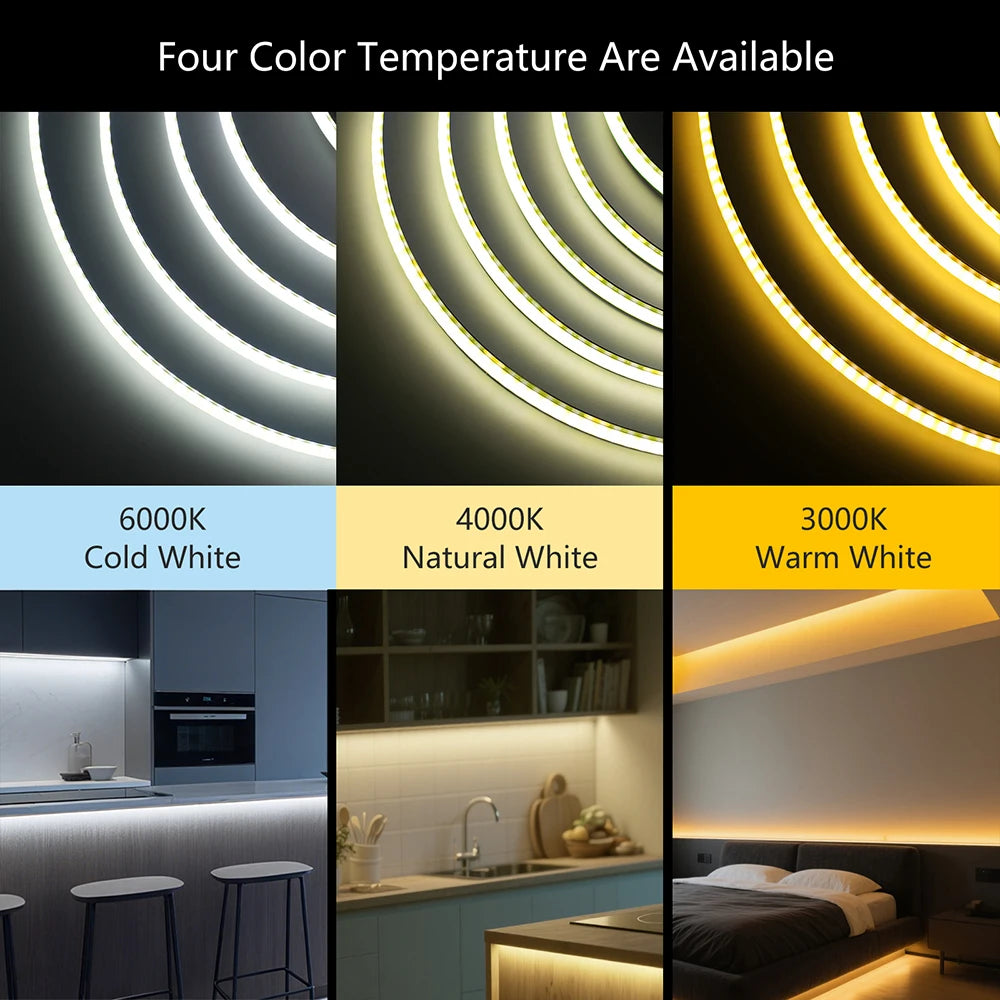 12V 24V Black PCB COB LED Strip Light 3000K 4000K 6000K 320LED/m High Density Lighting for Kitchen Cabinets Flex Tape RA90 IP30