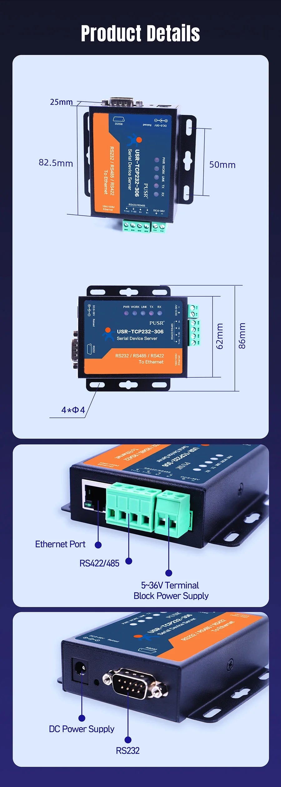 RS232 RS485 RS422 to Ethernet  Converter Serial Device Server SerialTCP/IP Modbus RTU to IoT Gateway Data PSUR USR-TCP232-306