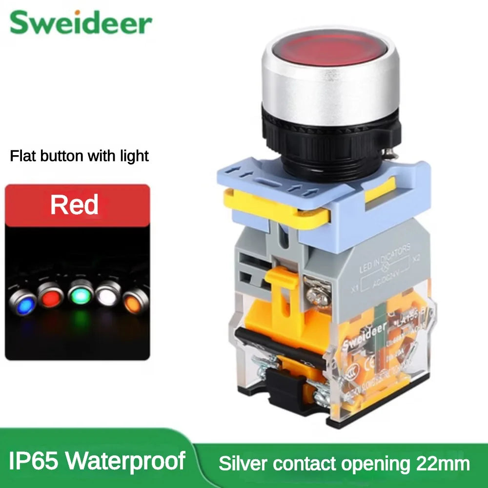 Waterproof Push Button Switch with LED 22mm Momentary Reset Self Locking Power Button Switch with Light 12V 24V 220V 10A 2NO 2NC