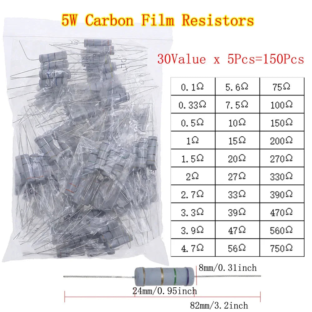 Carbon Film Resistors Assortment Kit set 1/8W 1/4W 1/2W 1W 2W 3W 5W 5% Electronic Components resistor package