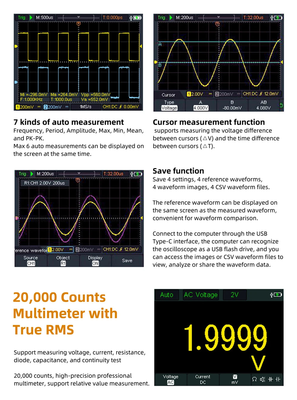 OWON HDS2202S 2102S Digital Oscilloscope 2Channels 200Mhz 1GSa/s Portable 3in1 USB Osiclloscopes + Multimeter+Waveform Generator