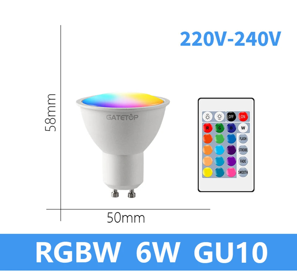 1-10PCS LED Intelligent RGBW Bulb GU10 E27 E14 24 Key Infrared Remote Control AC110V 230V 6W 10W Color Plus White Light Dimming