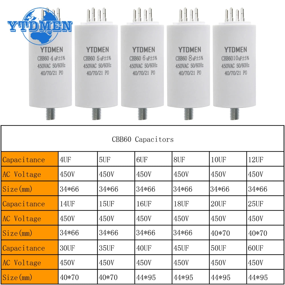 1PCS CBB60 Capacitor with Screw Double Insert 450V AC Starting Capacitor 4uF~60uF Motor Capacitors for Air Compressor Water Pump