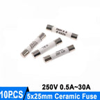 10PCS 5*25MM Ceramic fuse 250V 0.5A 1A 2A 3A 4A 5A 6A 8A 10A 13A 15A 16A 20A 25A 30A Ceramic Fuse 5*25MM 250V RO55