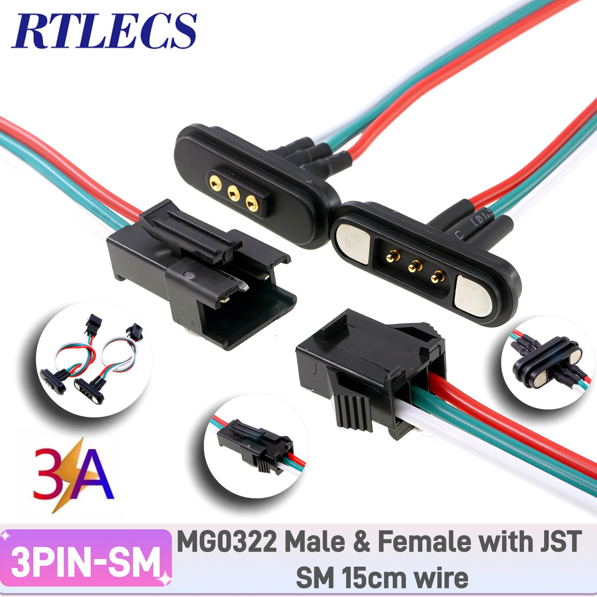 3A Magnetic Spring Loaded Pogo Pin Connector 5-24VDC 2/3/4 Pin Male Female Blind Led Lamp Snap-on JST SM JR Servo Extended Cable