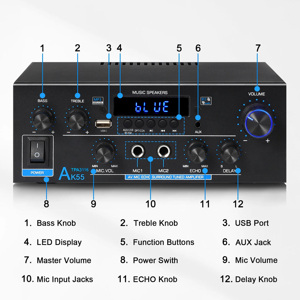 Woopker AK35/AK45 Pro/AK55 Digital Amplifier Bluetooth Sound Amplifier 2 Channel HIFi FM USB Audio Amp For Home Car Karaoke