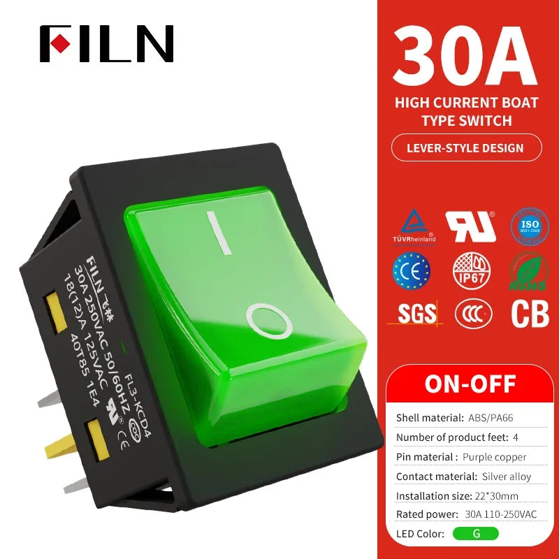 30A/250V Heavy Duty 4 Pin DPST IP67 Sealed Waterproof T85 Auto Boat Marine Toggle Rocker Switch with LED 12V 220V 30x22