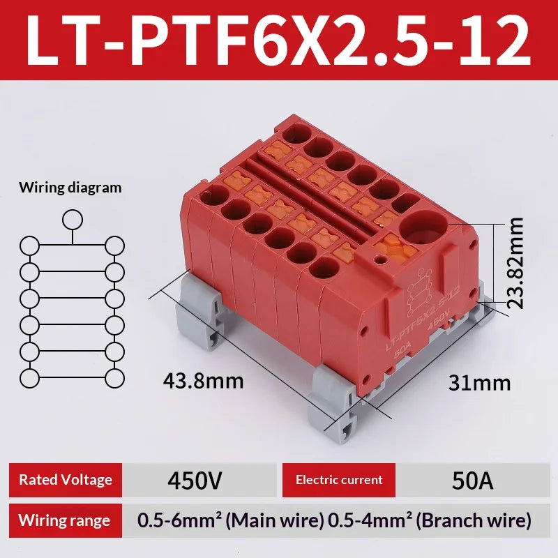 Push-in Terminal Block PTF6X2.5mm One in Multiple Out Splitter Spliceable Wire Connectors DIN Rail Junction Box Electrical Joint