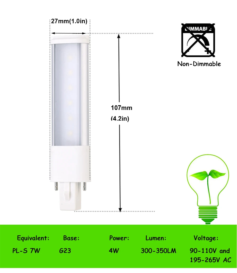 2pcs LED PL G23 GX23 3W4W5W7W Bulb Horizontal Side Plug Ceil CFL PL-S 7W 9W 13W Read Table Desk Lamp Replacement,Remove Ballast