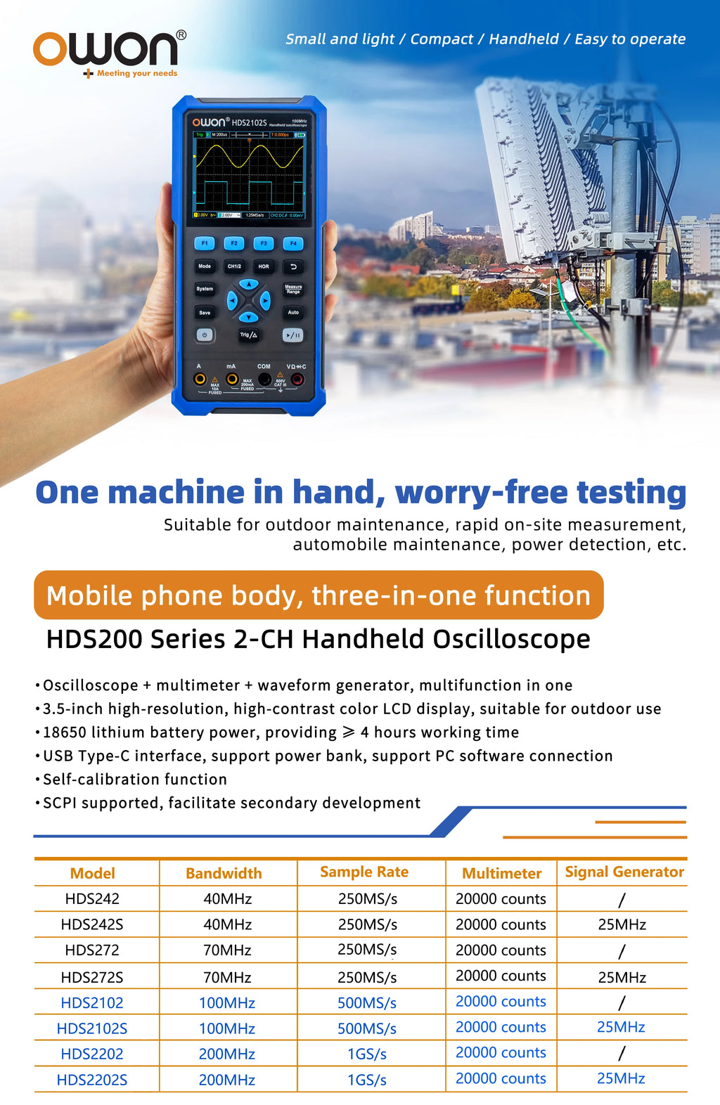 OWON HDS200 Series Handheld Digital Oscilloscope Portable 2CH Multimeter High Precision Electronic Repair Laboratory Test