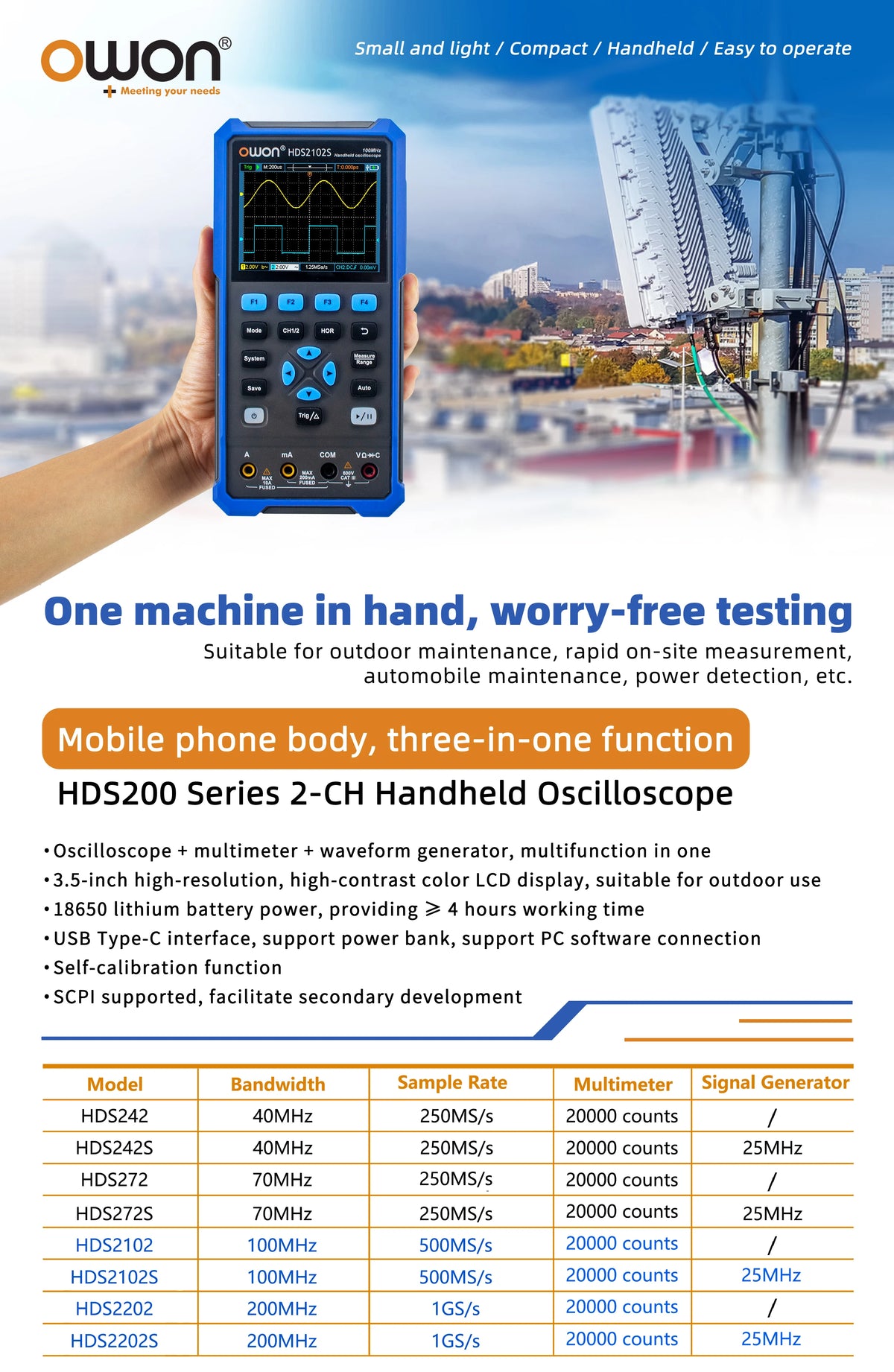 OWON HDS200 Series Handheld Digital Oscilloscope Portable 2CH Multimeter High Precision Electronic Repair Laboratory Test