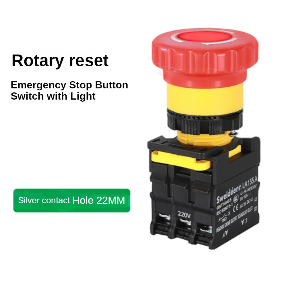 Mushroom Emergency Stop Button on off Switch with Light Emergency Stop Power Control Electrical Starter Switch 220V 10A NC 22mm