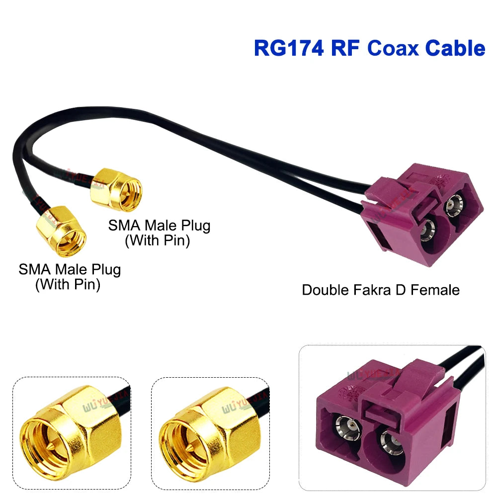 RG-174 Double Fakra D Female to SMA Male Pin + RP-SMA Female Hole 50 Ohm RF Connector Coaxial Cable WIFI Antenna Jumper Pigtail