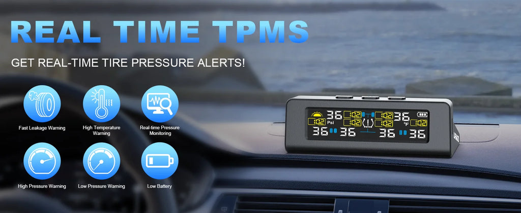 TPMS Tire Pressure Monitoring System Car Safety Alarm System Wireless Solar&USB Powered 4 Sensors with Color Digital Display