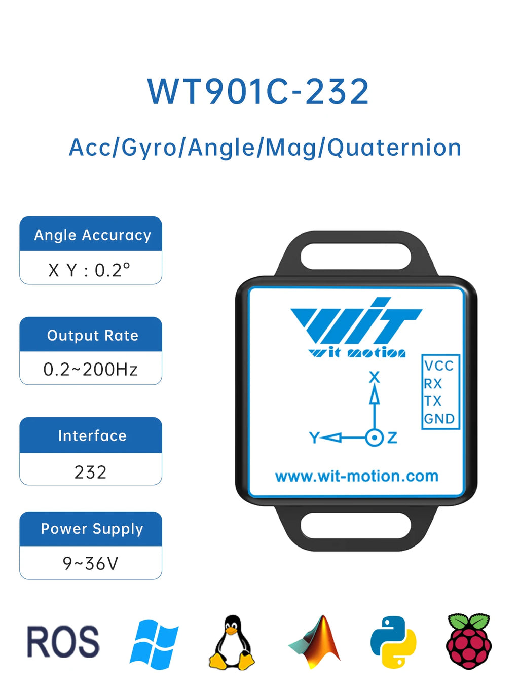 WitMotion WT901C 9-Axis Vibration Inclinometer MPU9250 High-Stability Acceleration+Gyro+Angle(XY 0.05° Accuracy)+Digital Compass
