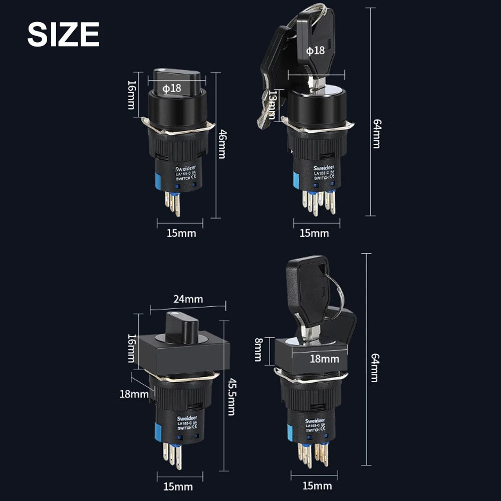 16mm Rotary Knob Push Button Switch 2 3 Positions Latching Self Lock 3/6 Pins Round Square Key Selector Start Up Power Switch