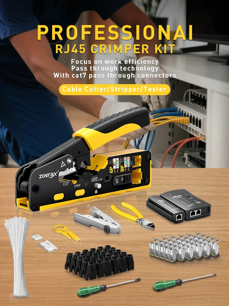 ZOERAX RJ45 Ethernet Crimping Tool for CAT8 Cat7 Cat6a Cat6 Cat5e Ethernet Connectors with wire stripping and cutting functions