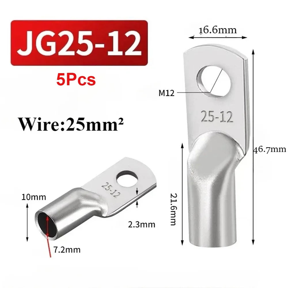 5Pcs JG Series Tinned Copper Cable Lug 14-2AWG 6/10/16/25mm2 Battery Cable Terminal Tinned Copper M6/M8/M10/M12