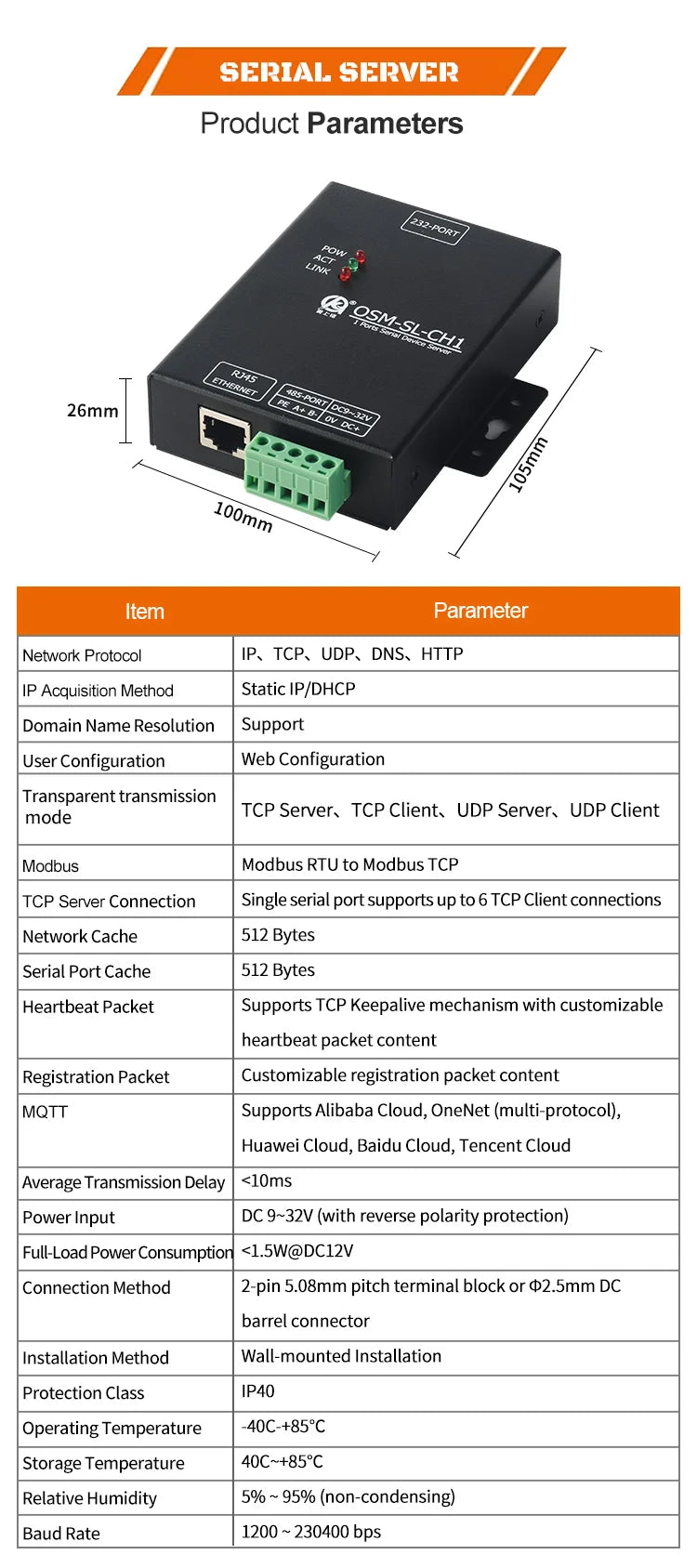 Oshangming RS485 RS232 To Ethernet Converter Server Support Modbus MQTT