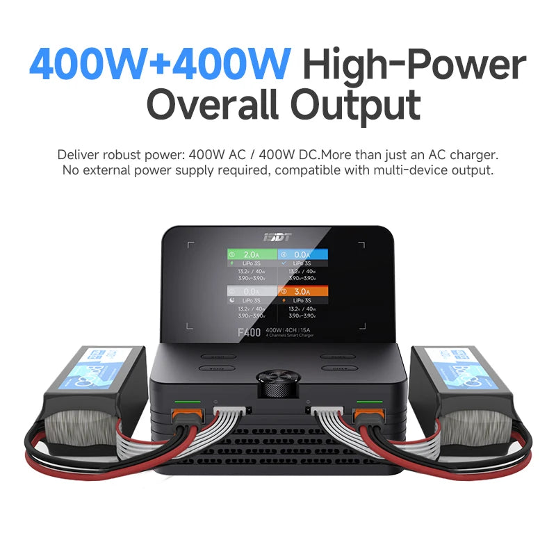 ISDT F400 4 Channel Smart Balance Charger 400W 15A AC/DC RC Battery Charger with Foldable Display for 1-8S LiPo LiHV LiFe LiIon