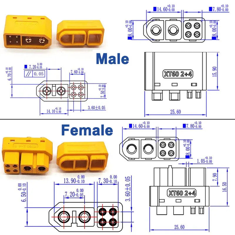 2+4 XT60 with Signal Pin Model Aircraft High Current Lithium Battery Plug Male Female 6pin Welding Wire Connector with Sheath