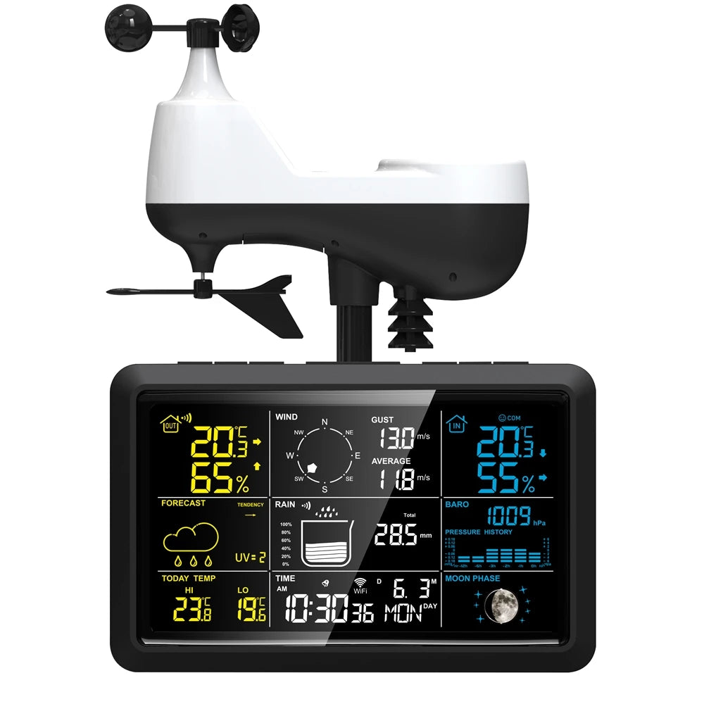 Tuya Wireless Weather Station Auto Alarm Clock Calendar Thermo-Hygrometer UV Wind Rainfall Gauge Solar Panel Forecast Sensor