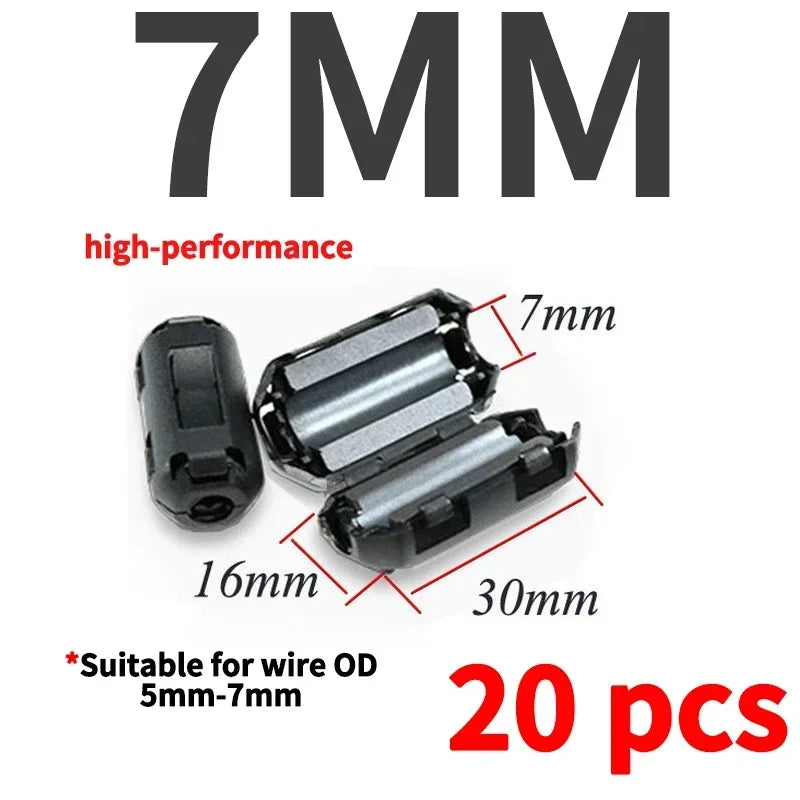 20Pcs 3.5/5/7/9/13/15mm Ring Core Ferrite Bead Clamp Choke Coil EMI RFI Noise Filter Clip Snap Cable for Black Magnetic Snap-on