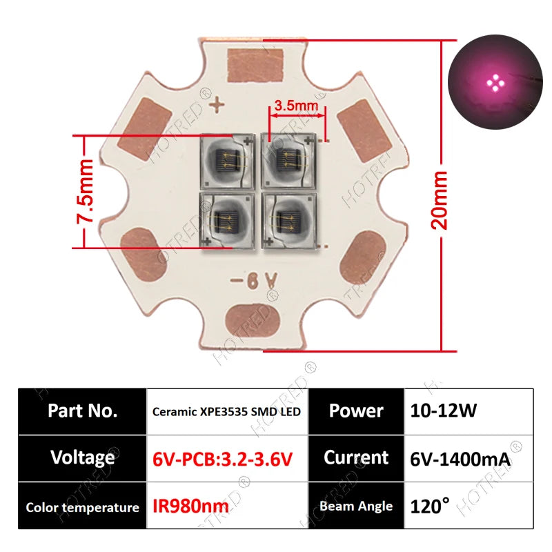 10W High Power LED Chip IR Infrared 660nm 680/730/760/810/850nm 12W 3535 Bead 2V 4V 8V 700/1400/2800mA For Night Vision Security