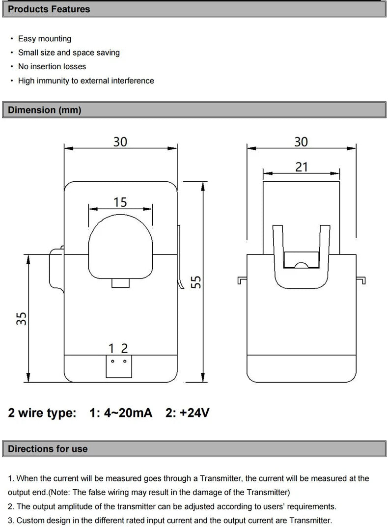 Split Core Current Transmitter QNDBK2-16 AC 10A 20A 50A 100A 4 20mA CT Clamp Hall Effect Current Transformer Sensor 4-20mA