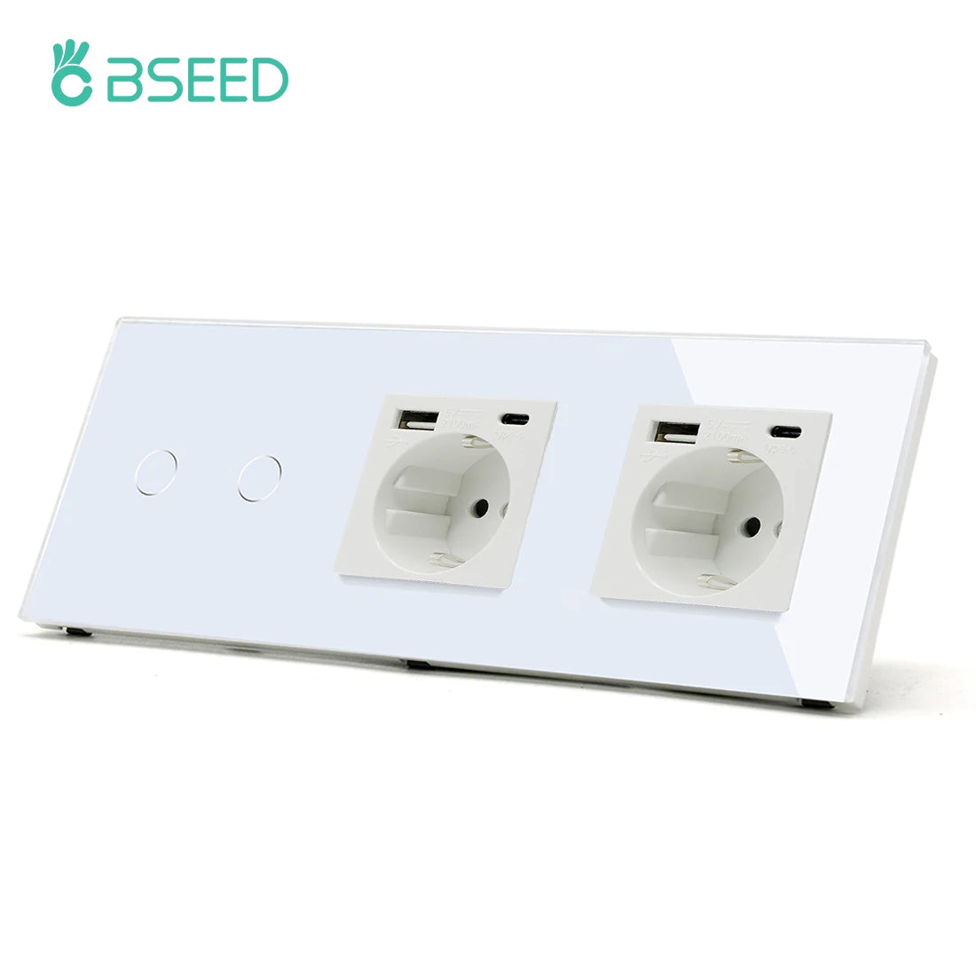 BSEED 1/2/3Gang Touch Light Switch 1Way Simple Sensor Switch Type-c USB Sockets EU Standard Glass Panel Blue Backlight 10A White