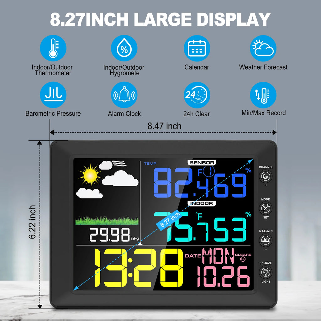2025 Digital Thermometer Wireless Weather Station with 8.3'' Color Touchscreen 3-in-1 Thermo-hygrometer Sensor Dew Point Monitor