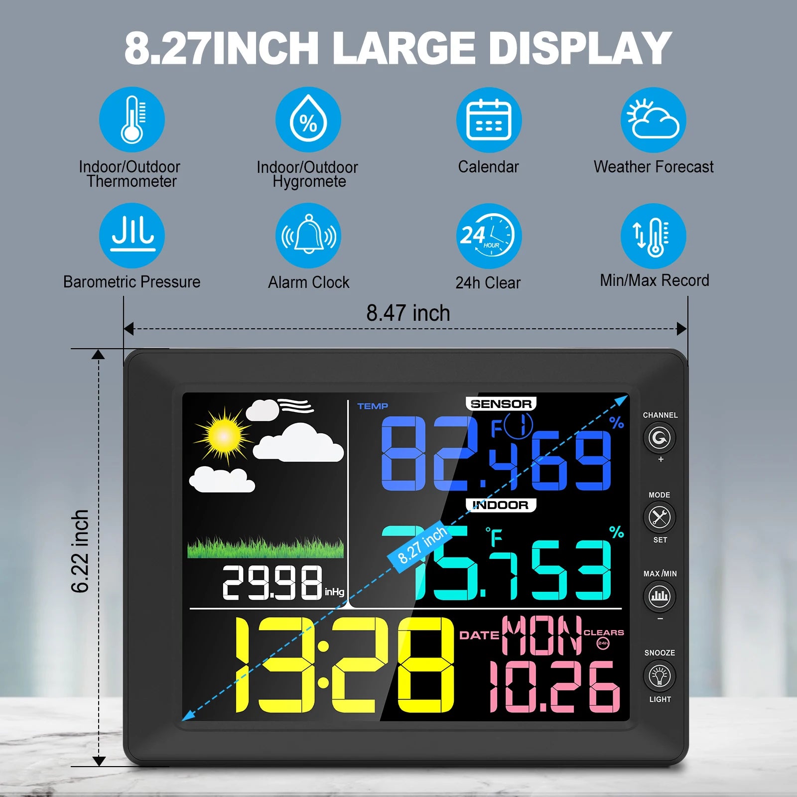 2025 Digital Thermometer Wireless Weather Station with 8.3'' Color Touchscreen 3-in-1 Thermo-hygrometer Sensor Dew Point Monitor