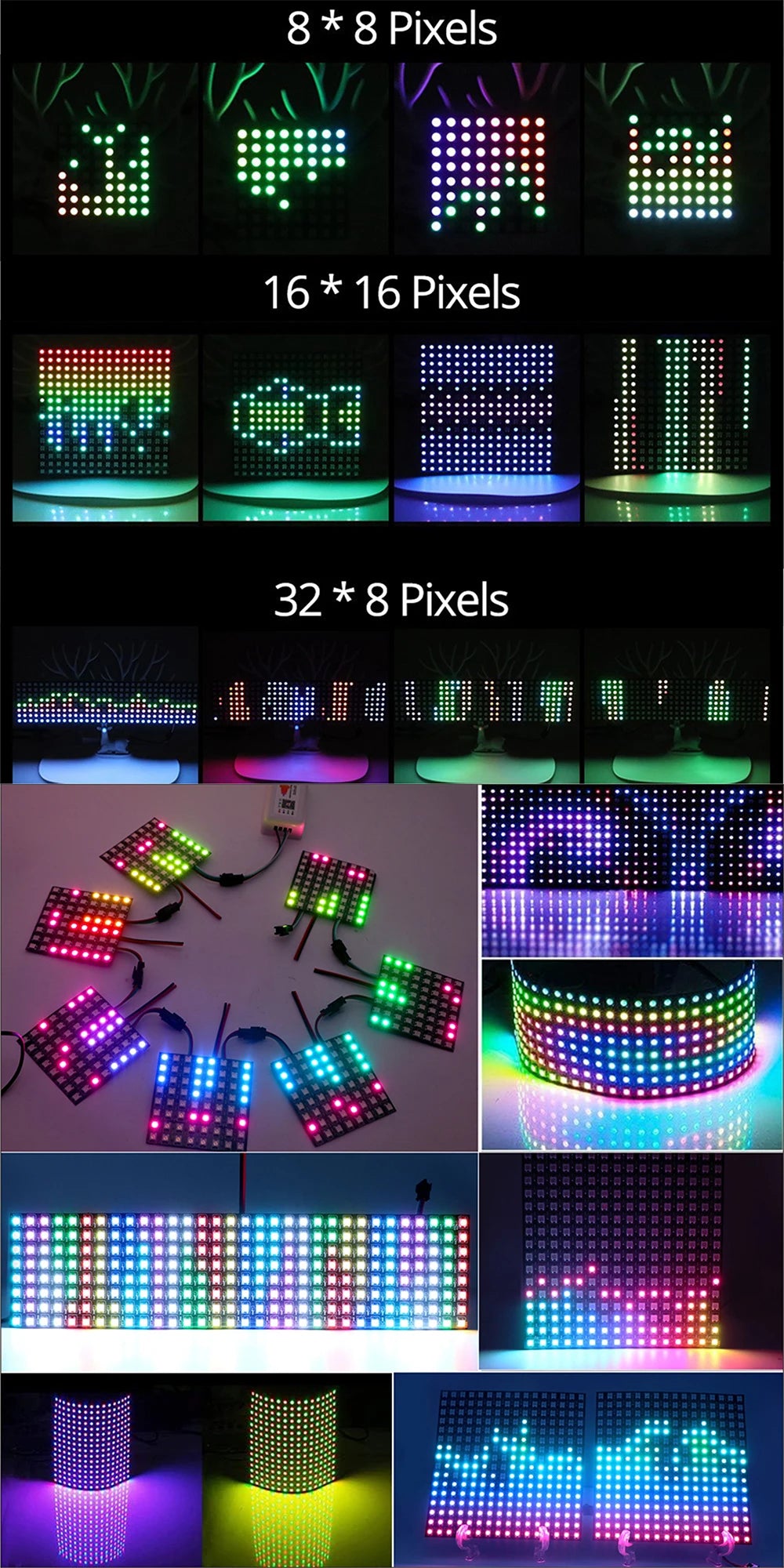 WS2812B RGB 4x12, 8x8, 16x16, 8x32 Pixel Display Screen. WS2812B, Individually Addressable, Digital Flexible Programmable, 5V.