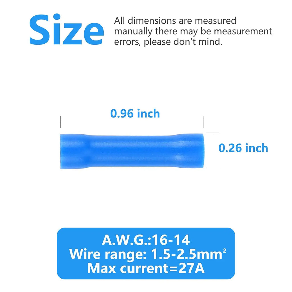 100pcs Blue Butt Connectors, Butt Splice Crimp Connectors, (16-14) AWG Insulated Electrical Wire Crimp Connectors, Butt Splice