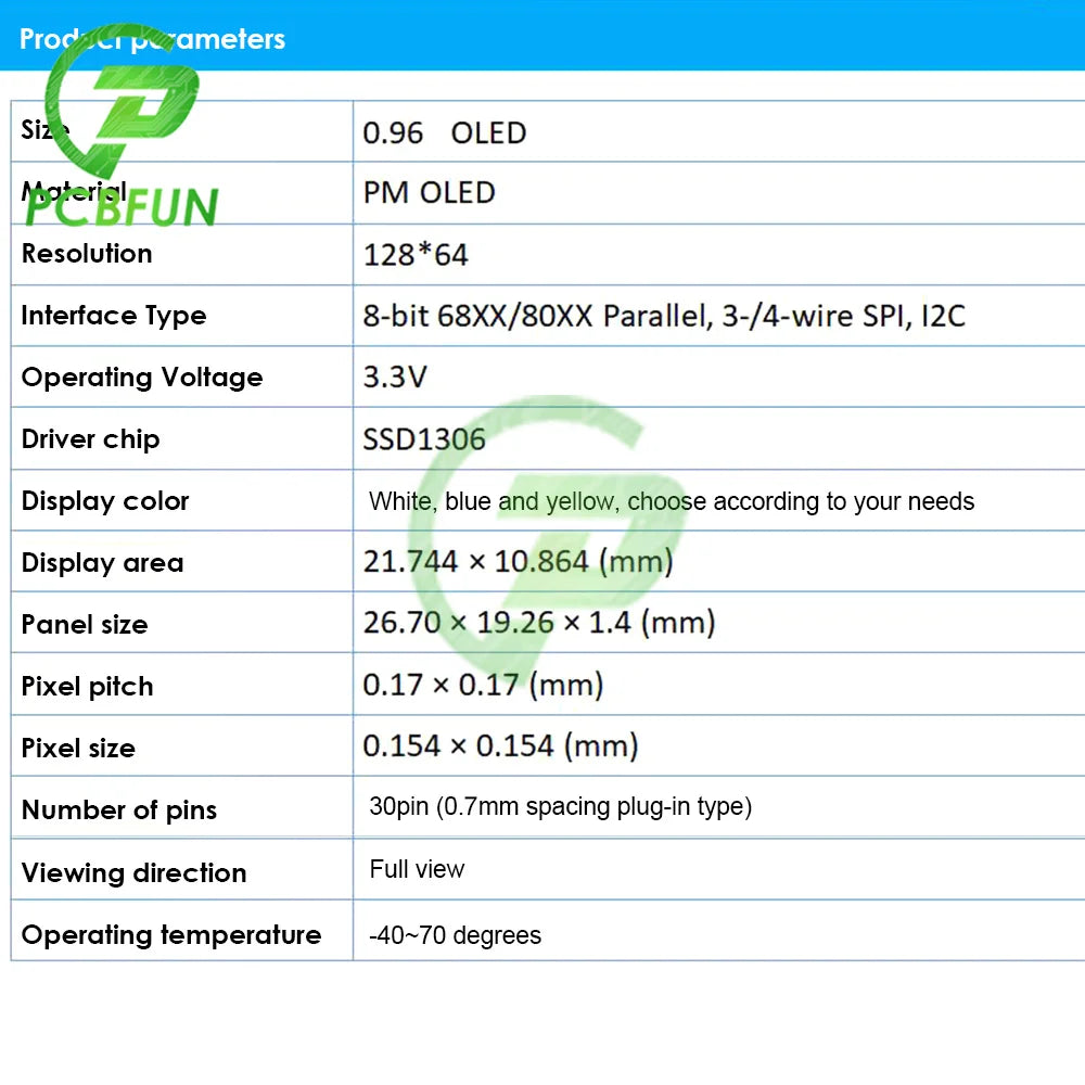 0.96 Inch OLED Display Blue/White/ Double Color LCD Screen Display Module 128x64 30pin Driver SPI/IIC for DIY KIT