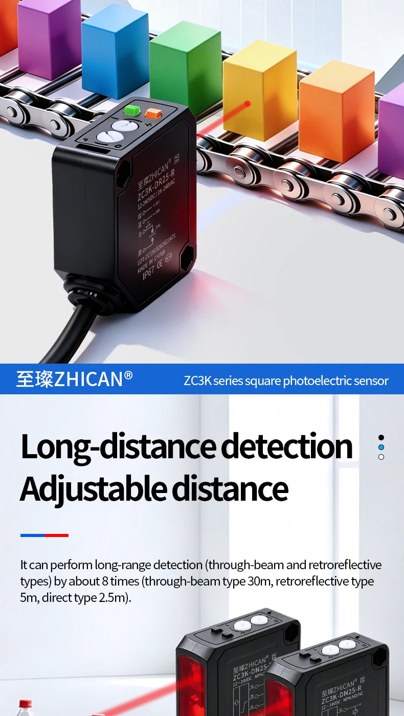 Zhican Zc3K Long Range Photoelectric Sensor 0.1-30m through Beam Retro Reflective Diffuse Reflective Switch