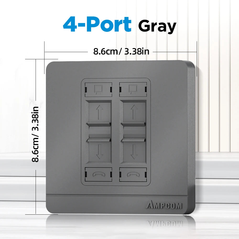 AMPCOM Wall Faceplate Socket Grey Wallplate 1-Port 2-Port 4-Port Networking Telephone Socket Outlet Mount Panel For RJ45 RJ11