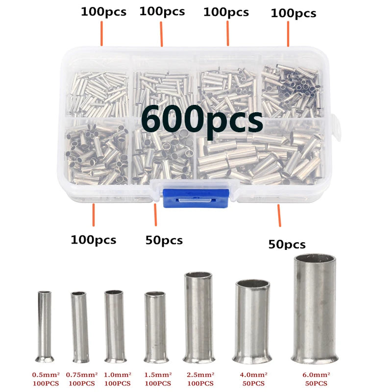 970pcs Copper Connecting Pipe Wire Joint Small Copper Tube Terminal Cable Lug Bootlace Ferrule Kit With Heat Shrink Tube Plier
