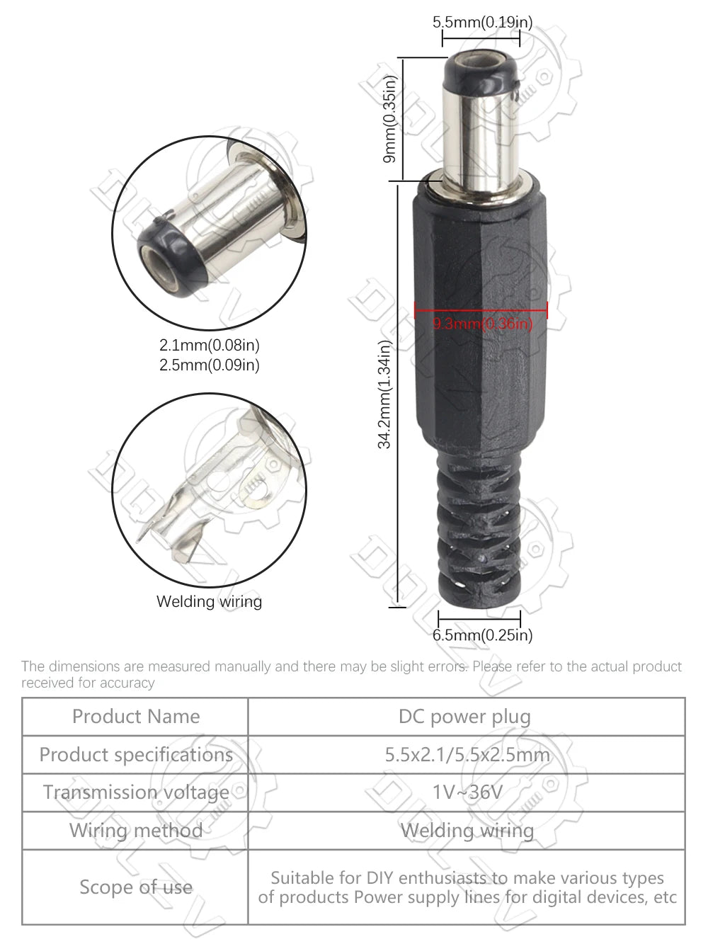 5.5*2.5mm DC Power Supply Male Plug Connector 5.5x2.1mm Female Metal Panel Mount Socket Jack DC Connectors Terminal Adapter