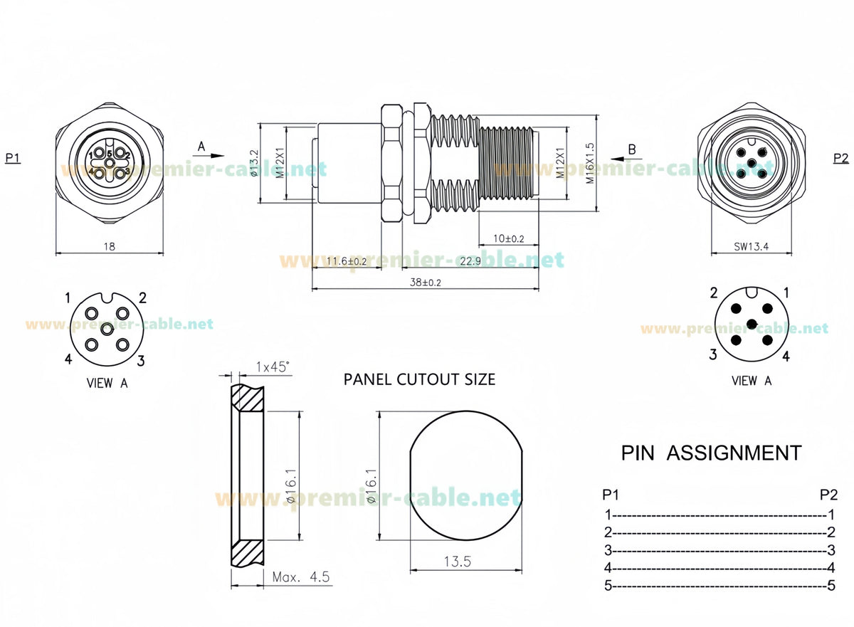 M12 A Code 5Pin Male to Female Converter IP67 Shielded Bulkhead Feedthrough Panel Mount Connector Receptacle 60V 4A for NMEA2000