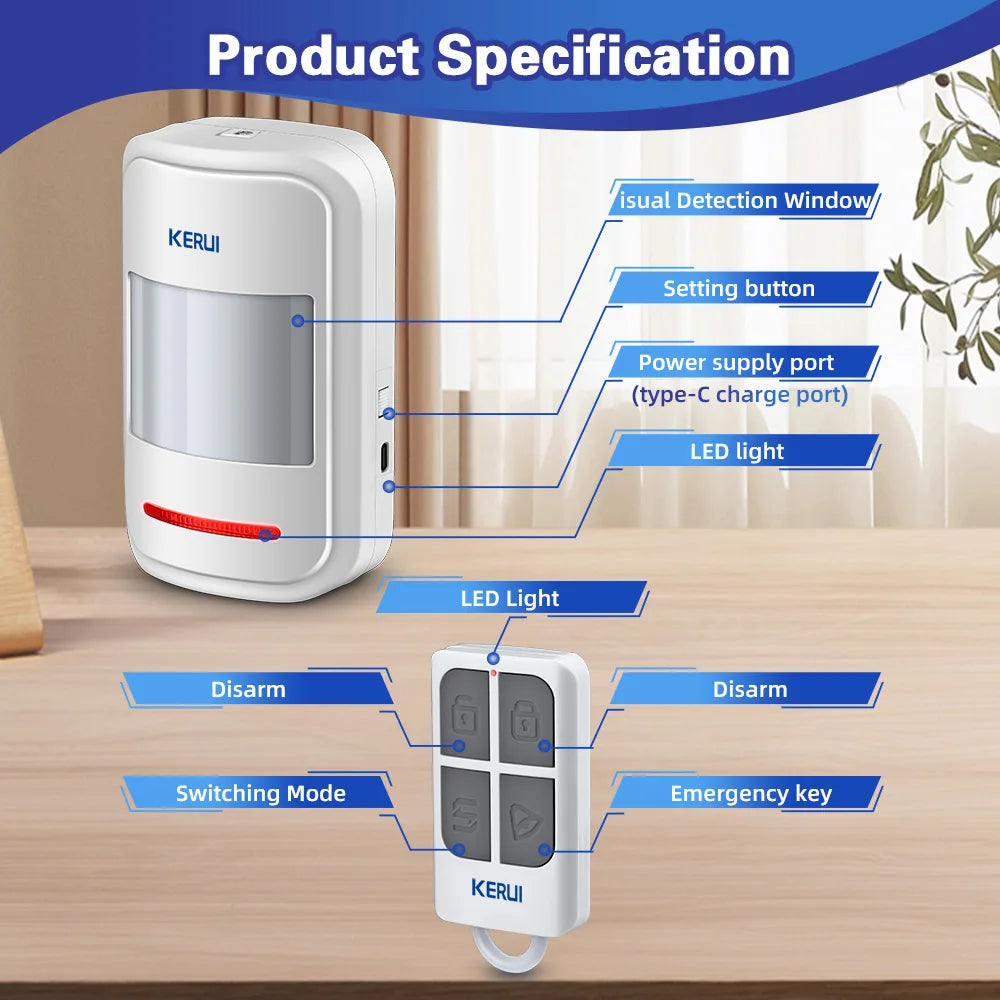 KERUI HW19 PIR Motion Sensor Detector Alarm with Alarm Sound / Doorbell Ring Remote Control to Arm/Disarm SOS for Elder Kids